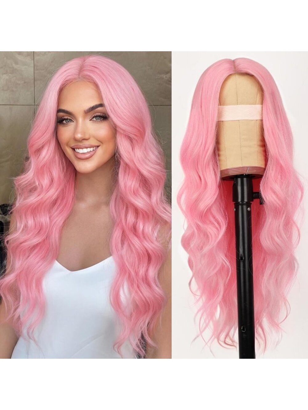 Women's Pink Lace Hairline 26 Inch Synthetic Heat Resistant Wavy Wigs